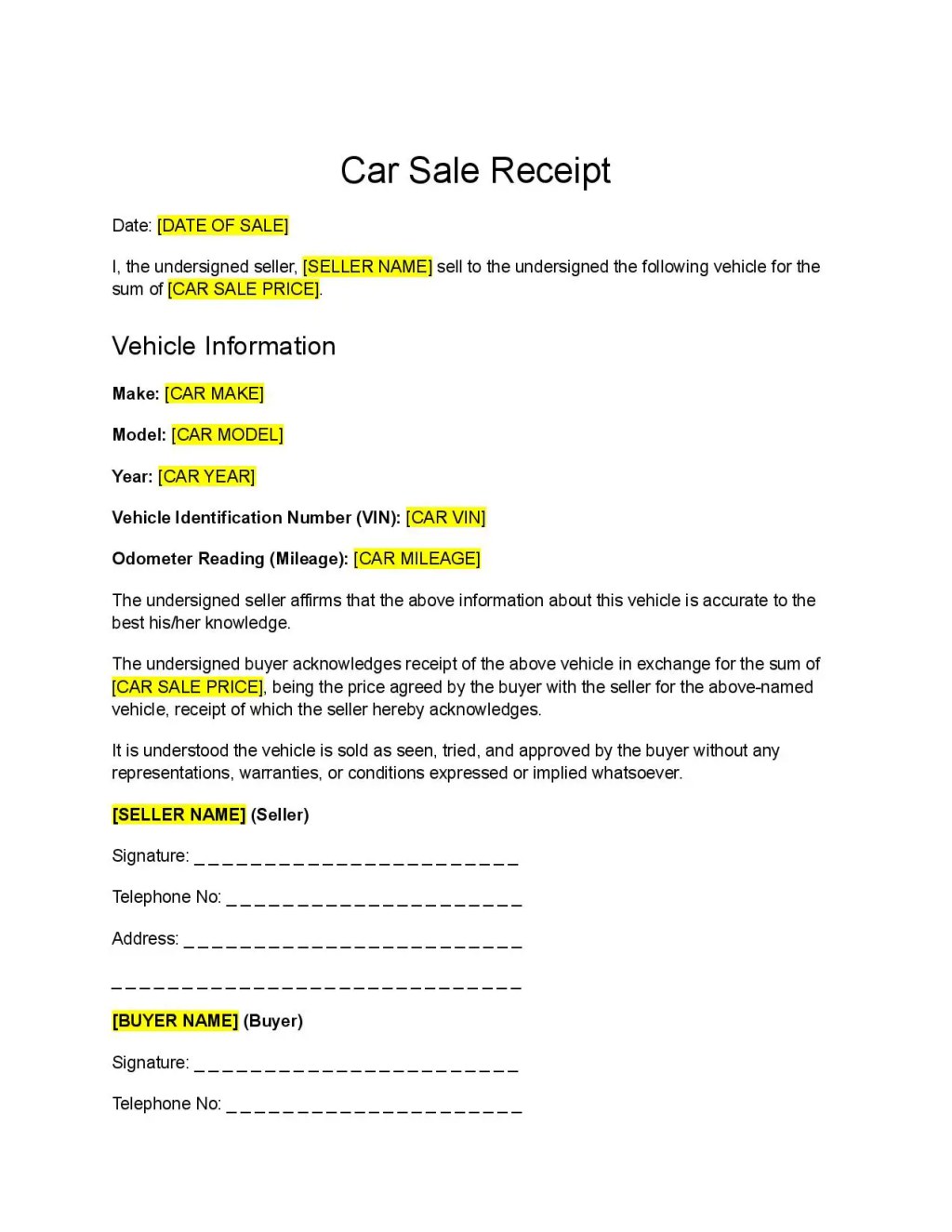 Picture of: Car Sale Receipt Template – Free Download – Easy Legal Docs