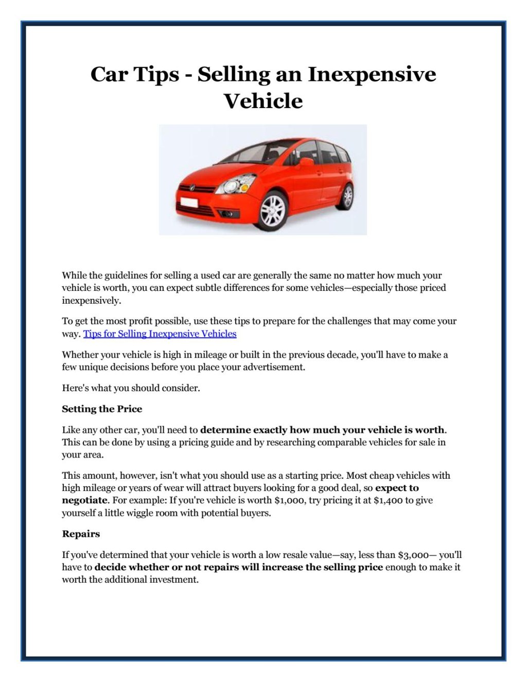 Picture of: Car Tips – Selling an Inexpensive Vehicle by Isobel Cartwright – Issuu