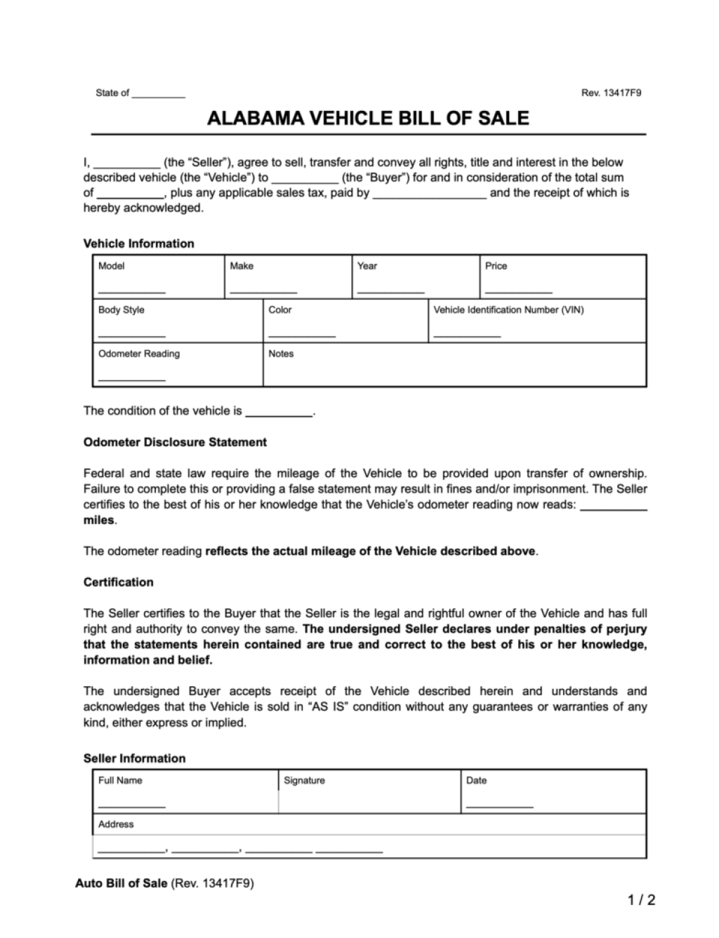 Picture of: Free Alabama Vehicle Bill of Sale Form  Legal Templates