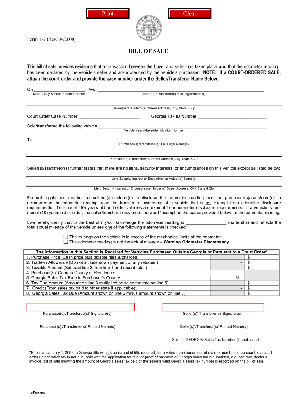 Picture of: Free Georgia Motor Vehicle Bill of Sale  Form T- – PDF – eForms