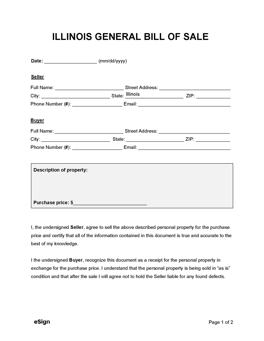 Picture of: Free Illinois General Bill of Sale Form  PDF  Word