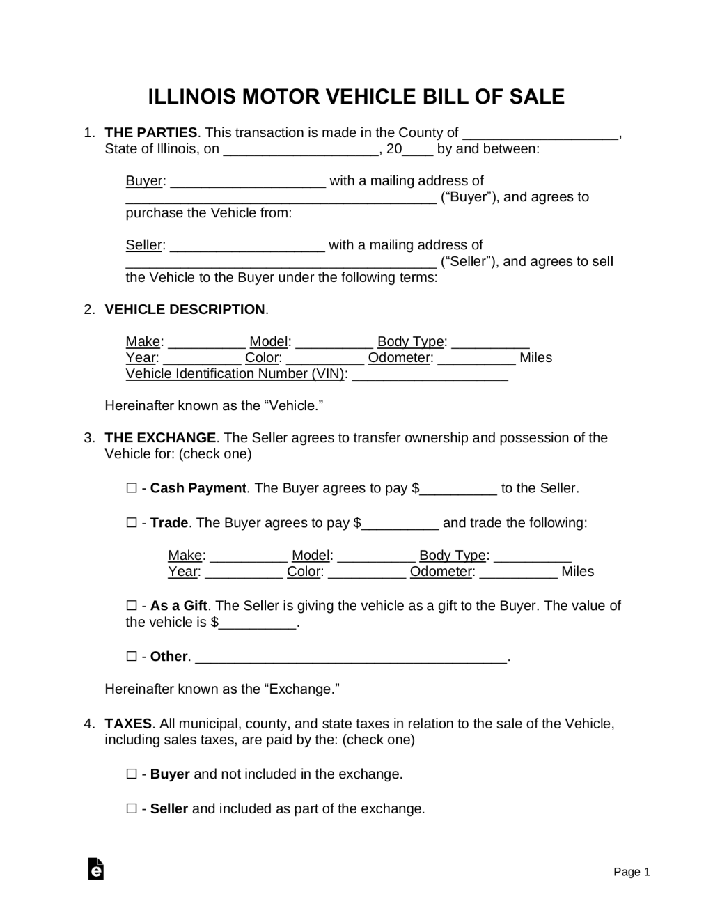 Picture of: Free Illinois Motor Vehicle Bill of Sale Form – PDF  Word – eForms