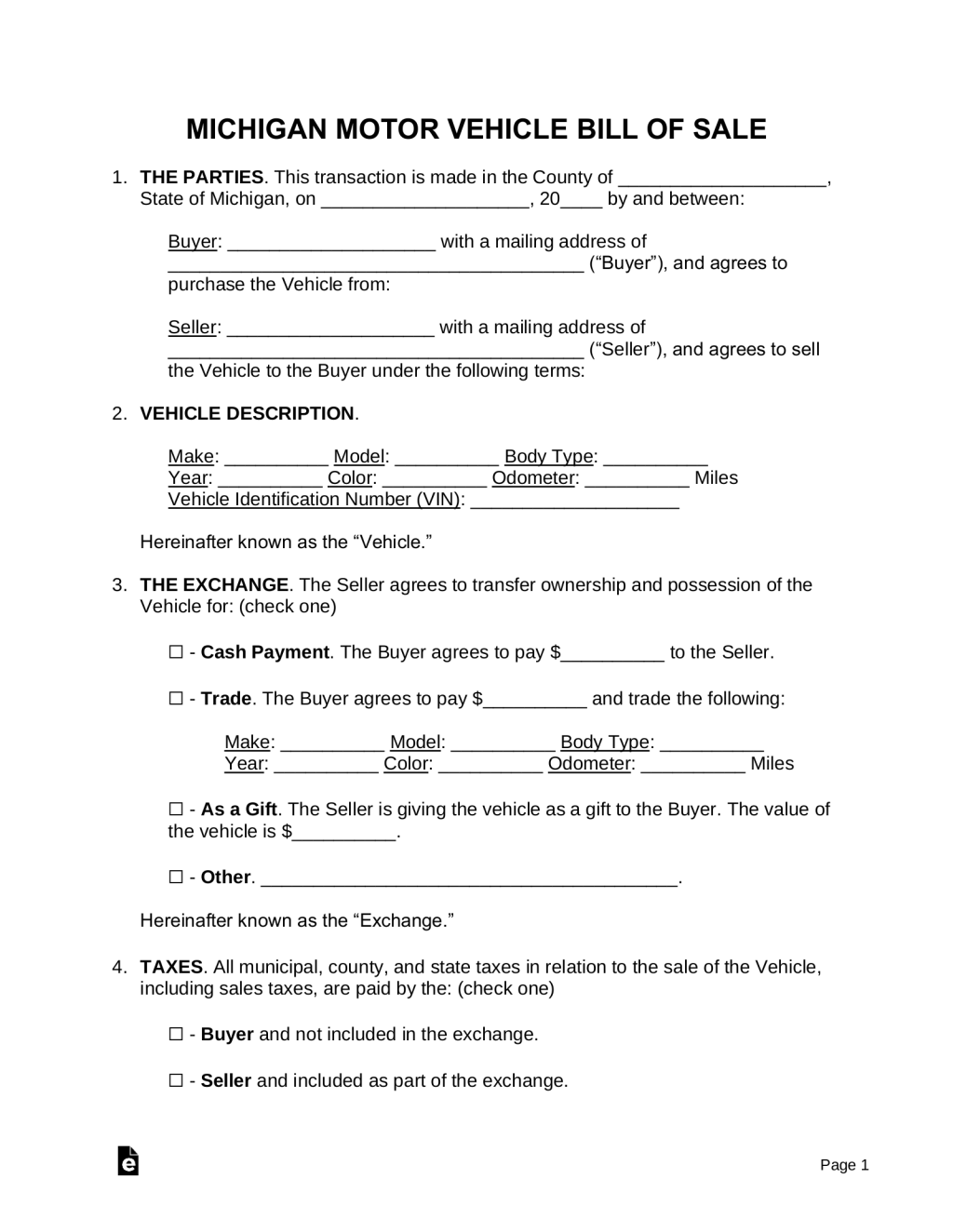 Picture of: Free Michigan Motor Vehicle Bill of Sale – PDF  Word – eForms