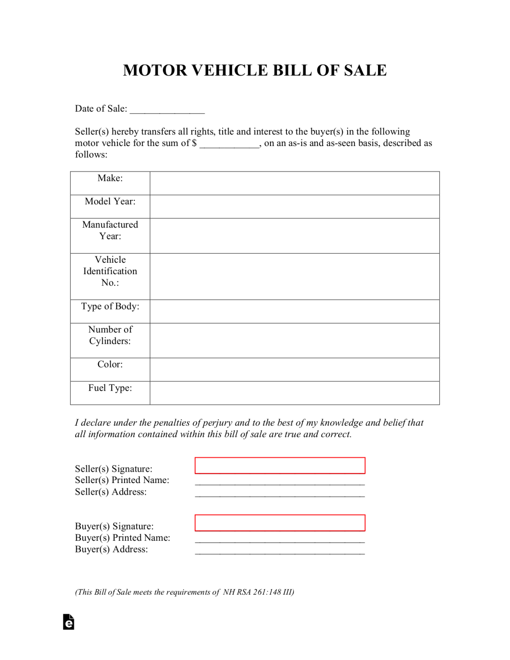 Picture of: Free New Hampshire Motor Vehicle Bill of Sale Form – PDF – eForms