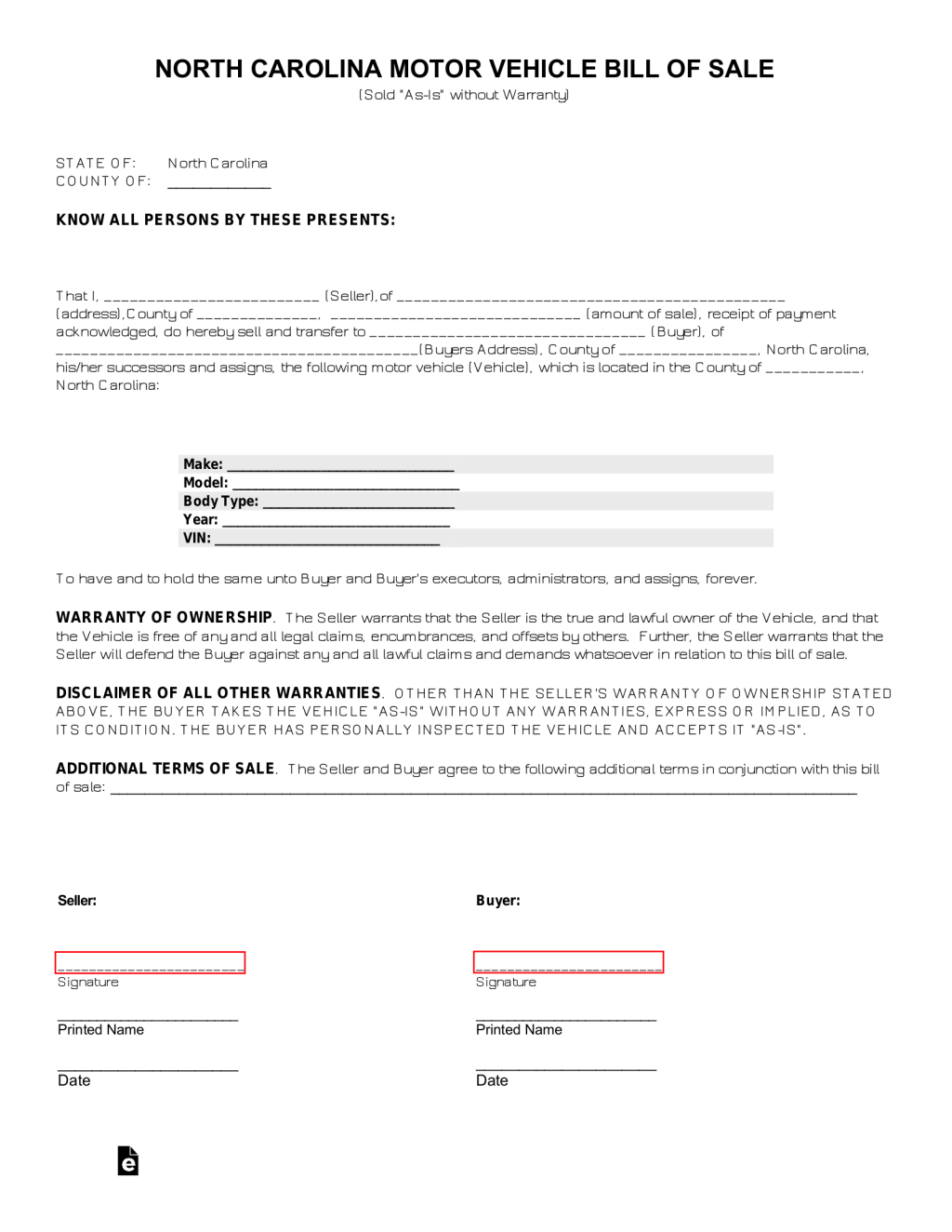 Picture of: Free North Carolina Motor Vehicle Bill of Sale Form – PDF – eForms