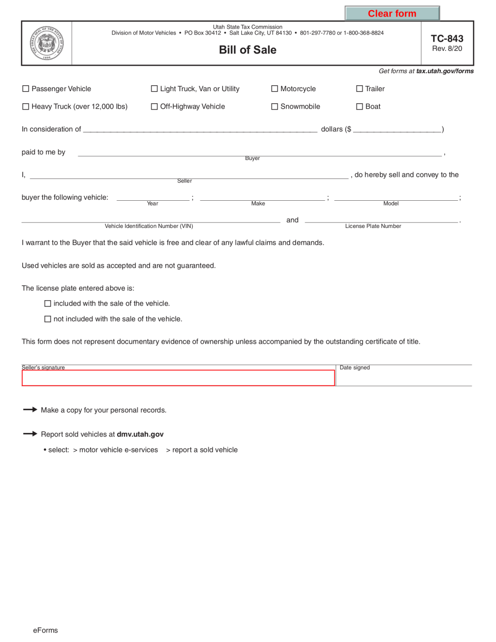 Picture of: Free Utah Motor Vehicle Bill of Sale  Form TC- – PDF – eForms