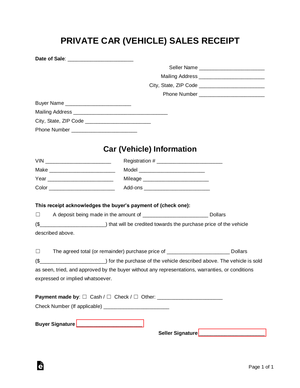 Picture of: Free Vehicle (Private Sale) Receipt Template – PDF  Word – eForms