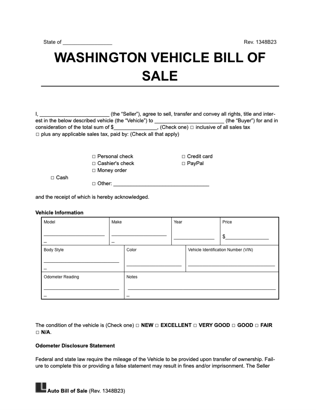 Picture of: Free Washington Motor Vehicle Bill of Sale Form  PDF & Word
