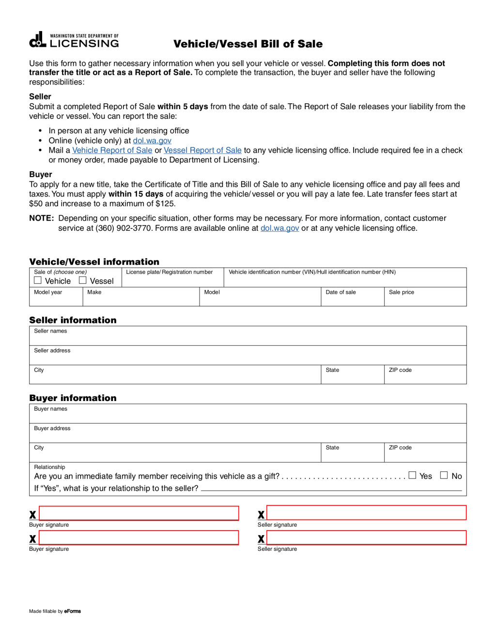 Picture of: Free Washington Vehicle / Boat Bill of Sale – PDF – eForms