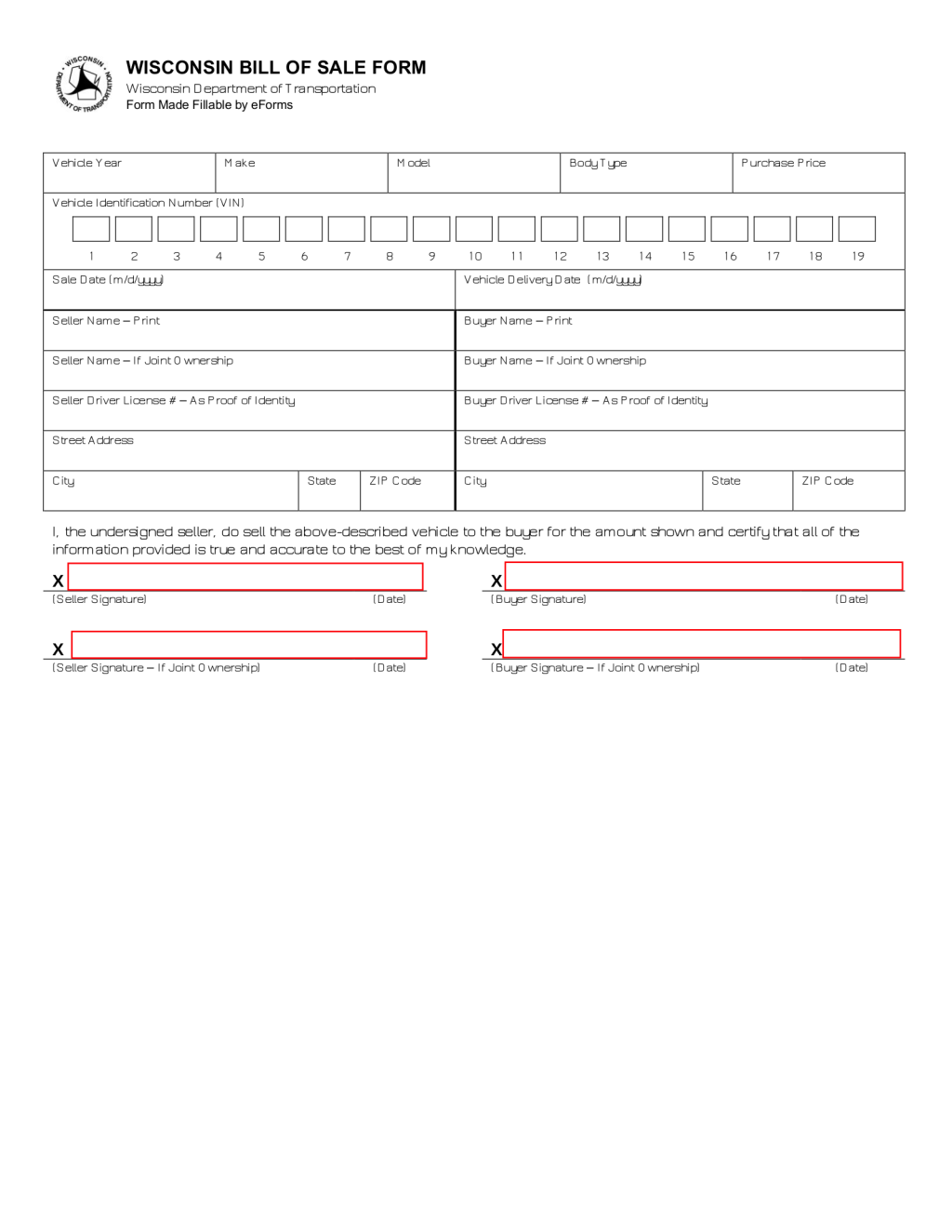 Picture of: Free Wisconsin Motor Vehicle Bill of Sale – PDF – eForms