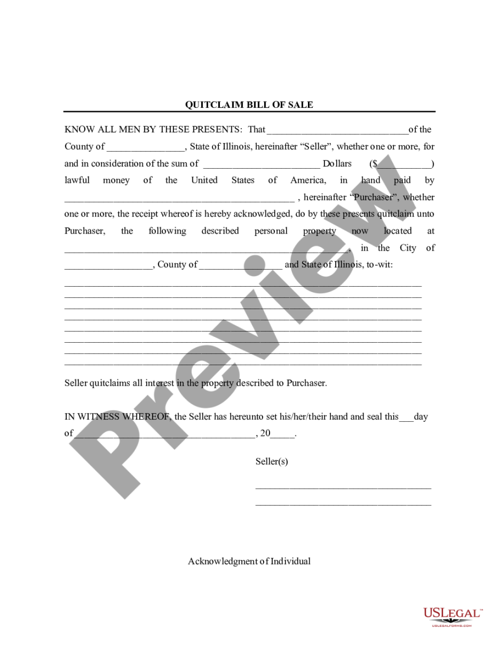 Picture of: Illinois Bill of Sale without Warranty by Individual Seller