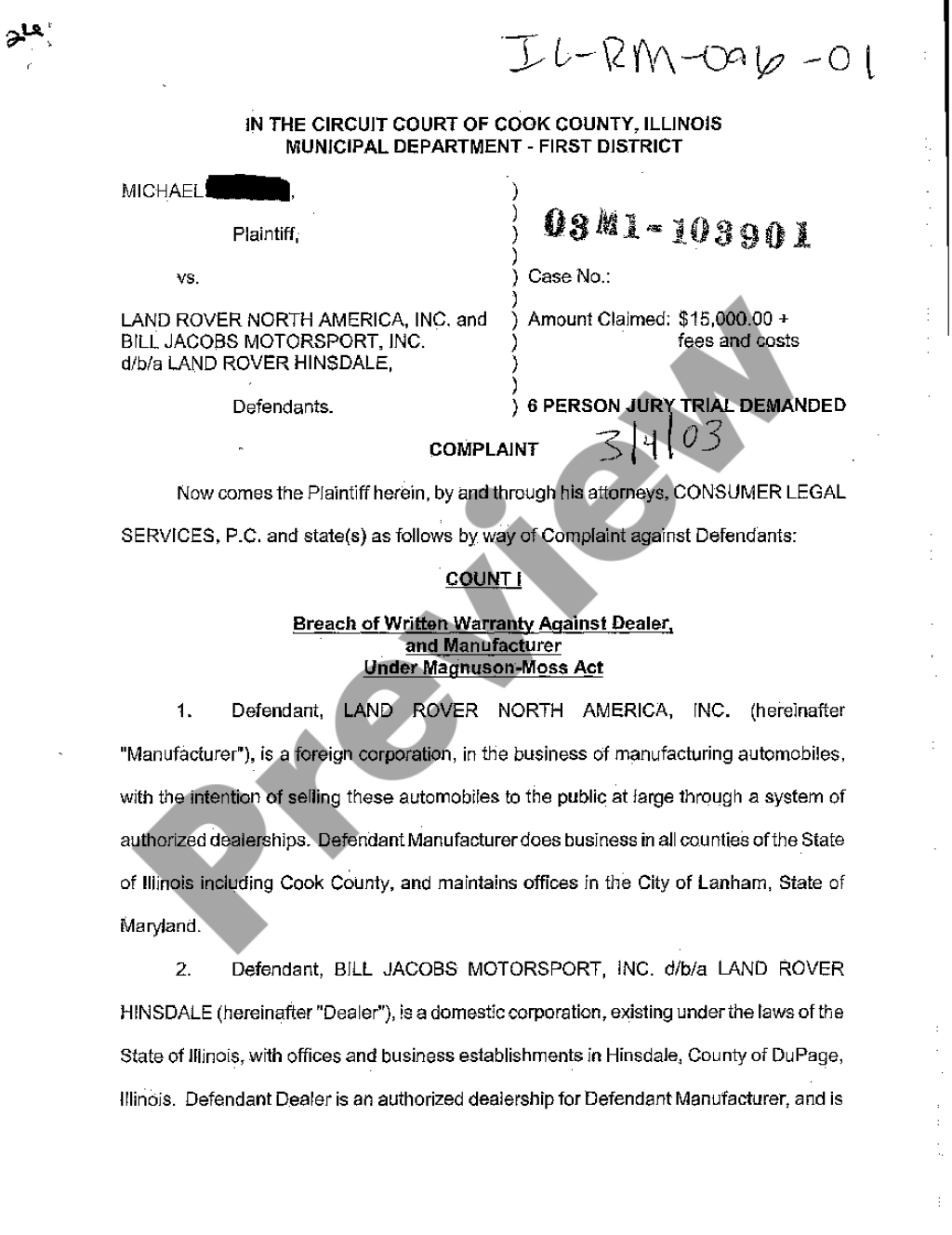 Picture of: Illinois Complaint Against Car Manufacturer for Breach of Warranty under  Magnuson Moss Act